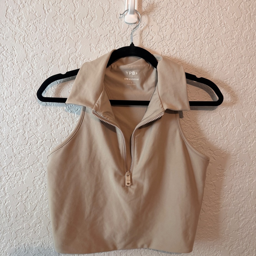YPB sculptLUX Half Zip Collared Tank Top Large Tan Activewear Athleisure